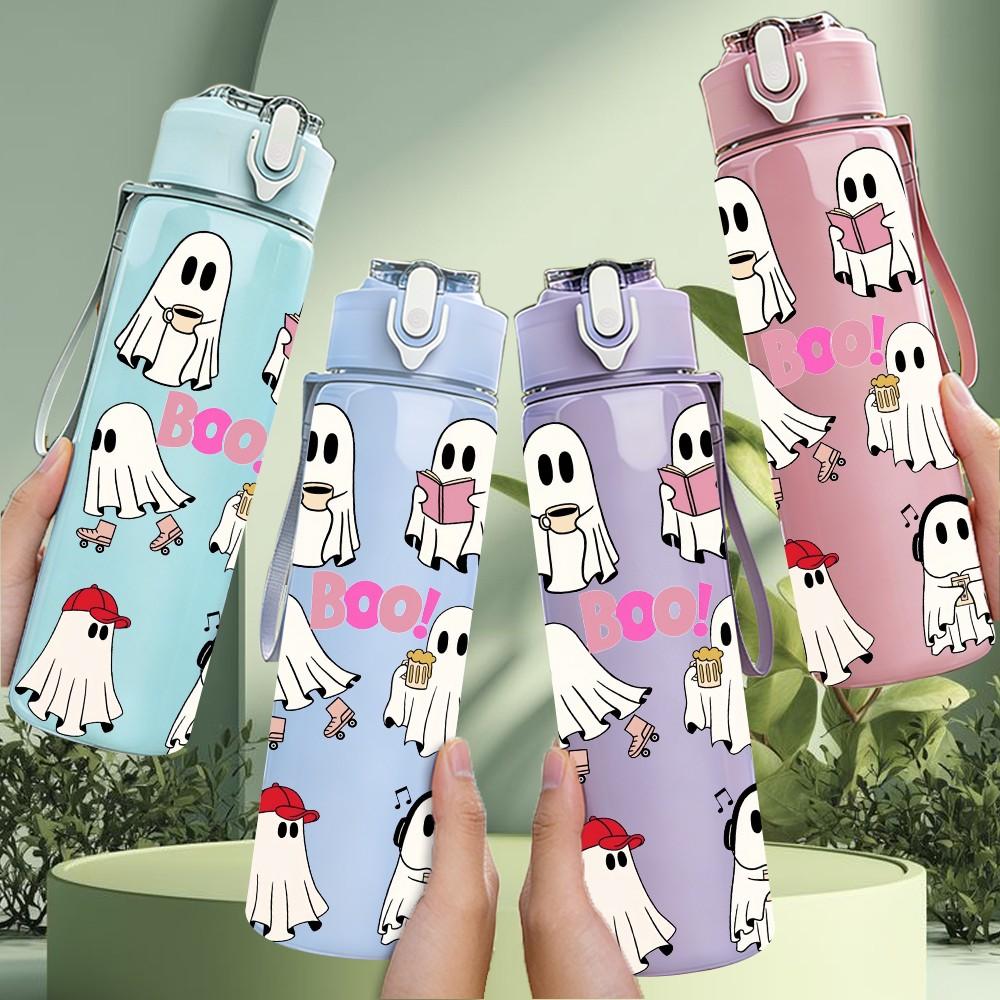 1PC Ghost Halloween Cute Group Cartoon Print 750ml Color Plastic Sports Water Bottle Leakproof Flip Straw Lid Suitable for Sports Office Home Use