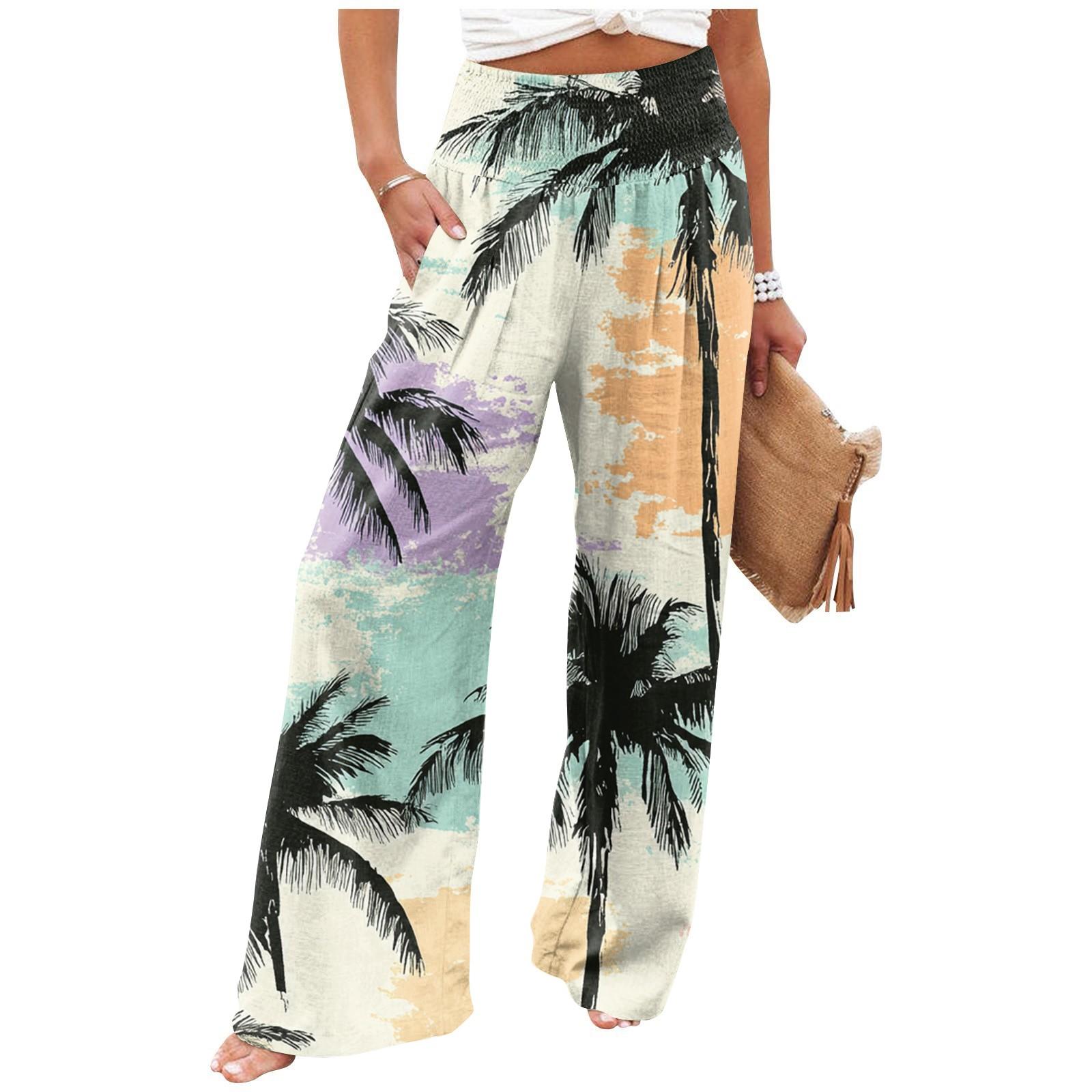 

Женские летние свободные брюки из хлопка и льна с эластичным поясом и пляжным принтом XL арбуз красный