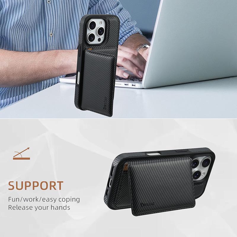 Carbon Fiber Magnetic Phone Case with Detachable Card Holder for iPhone 16 Pro Max (MagSafe Compatible)