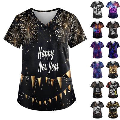 Damenmode, T-Shirt mit V-Ausschnitt, Aufdruck im Neujahrsstil, kurzärmlig, kleine Tasche, Arbeits-T-Shirt