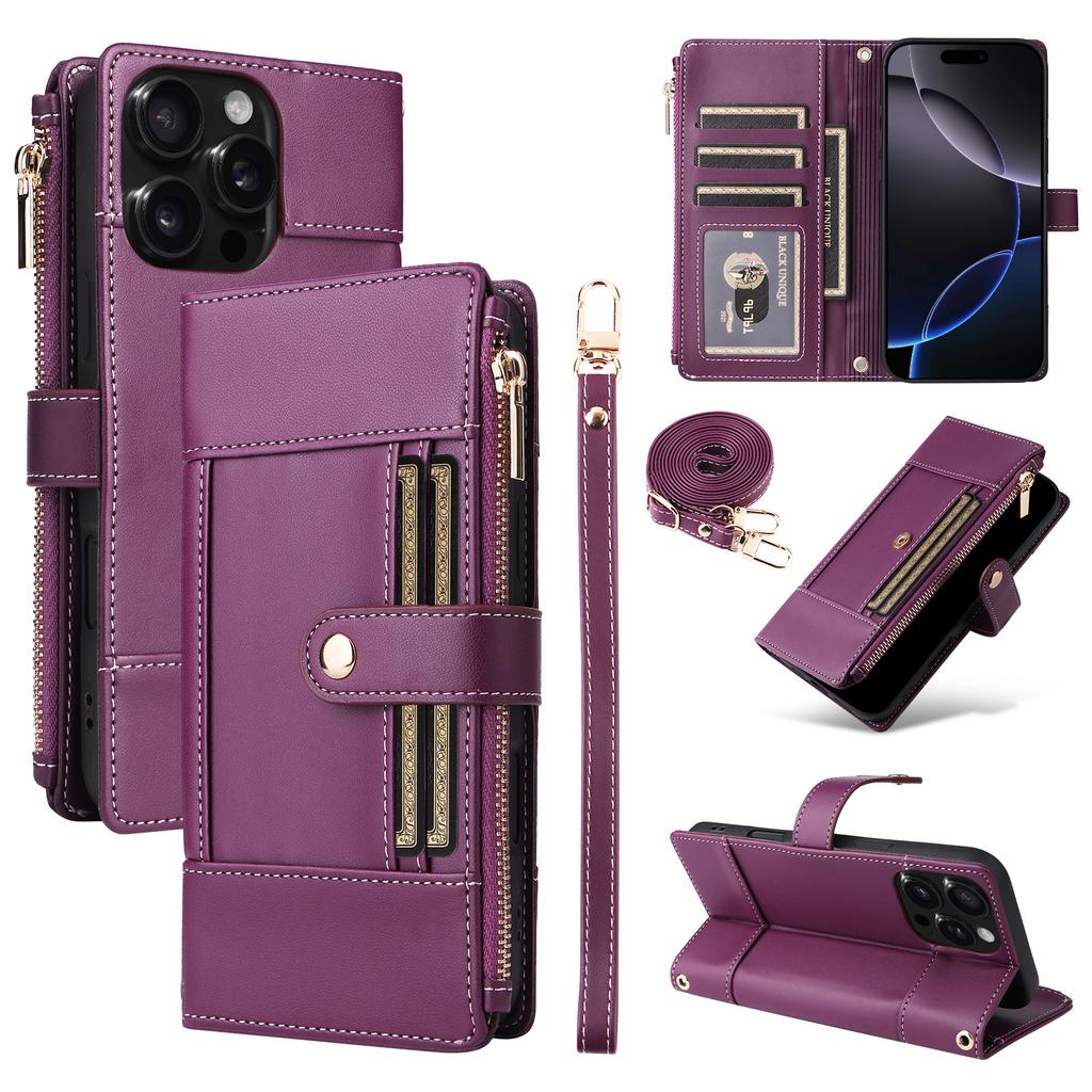 Shoulder Strap Zip Leather Wallet Card Solt Case for iPhone 16 Pro Max 16E 15 Plus 14 13 12 11 Lanyard Flip Purse Holder Cover