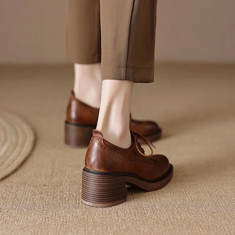 Fashion NEW Spring Women Loafers Genuine Leather Shoes Round Toe Square Heel Women Shoes Casual Lace-up Women Pumps Carving Oxford Shoes