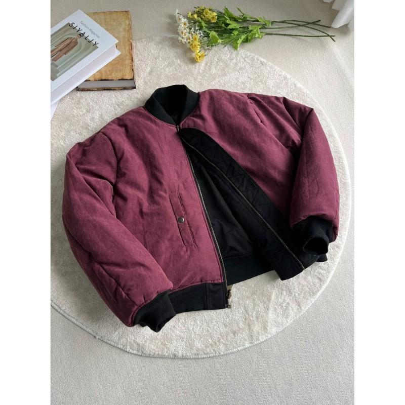 Wine Red Velvet Reversible Bomber Jacket MA1 Style Padded Coat Teens Casual Winter