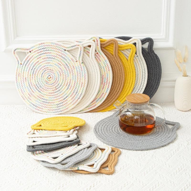 30cm simple solid color cat ear cotton rope placemat kitchen insulation and heat-resistant pad cotton thread pot mat cup mat