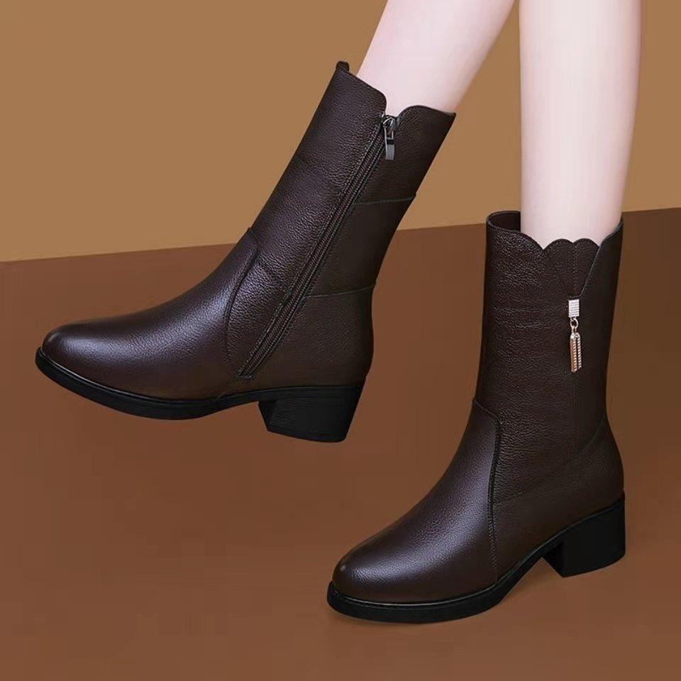 Women's Winter Fleece-Lined Mid-Calf Boots Chunky Heel Martin Boots Solid-Color Elegant Snow Boots