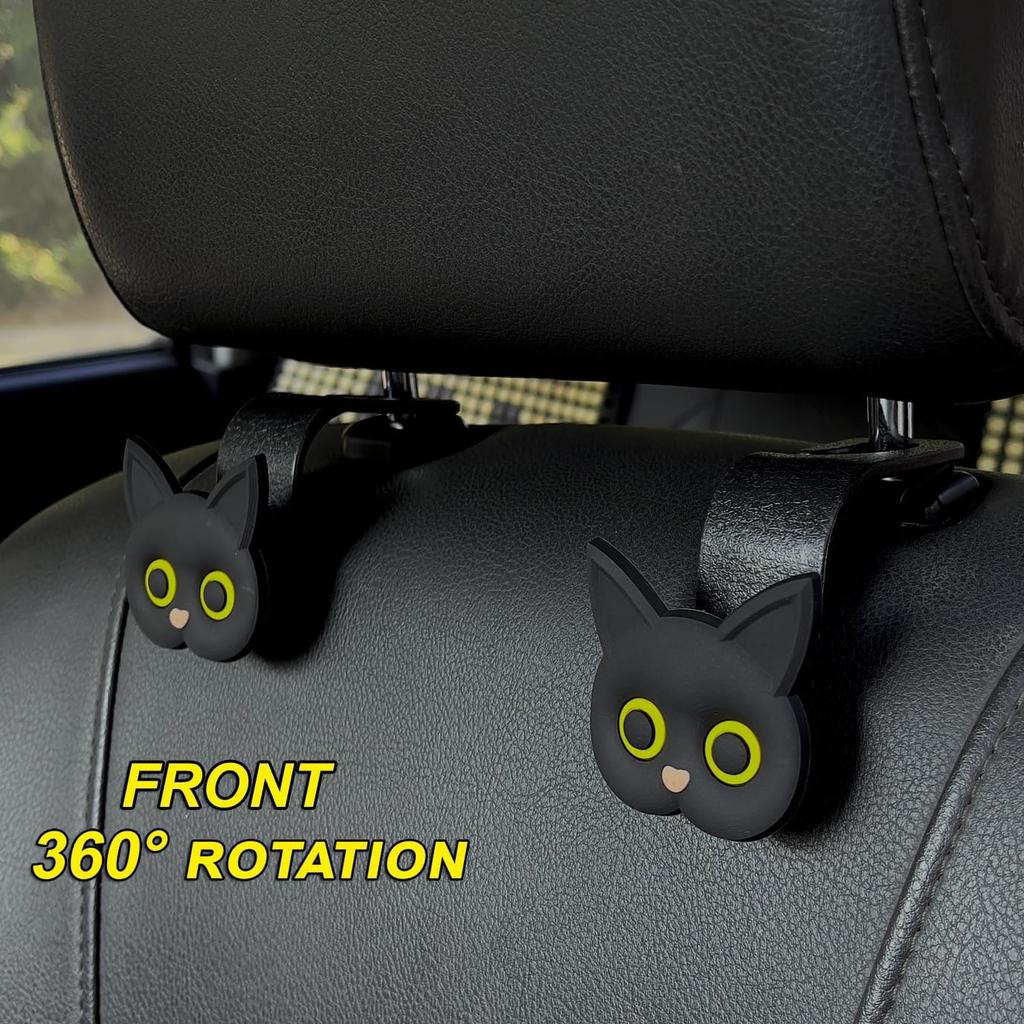 Car Seat Headrest Hooks - Cute Cartoon Cat Hook Vehicle Hanger For Purses, Bags, Coats, Umbrellas Holder (2Pc Black)