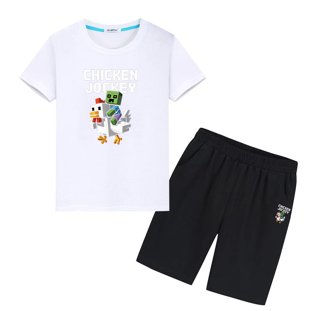 

chicken jockey Print 100%Cotton Anime T-shirt 2pcs Short+pant girls boy Sports Sets kids holiday gift Children suit baby clothes 100 белый