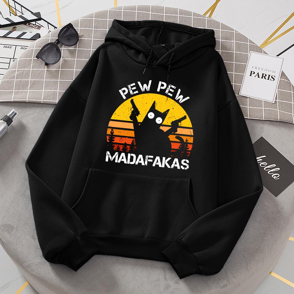 Pew Pew Madafakas Double Gun Cat Hoodie Women's Casual Fashion All-match Hoodie Sheep Warm New Pullover Harajuku Trend Hooded
