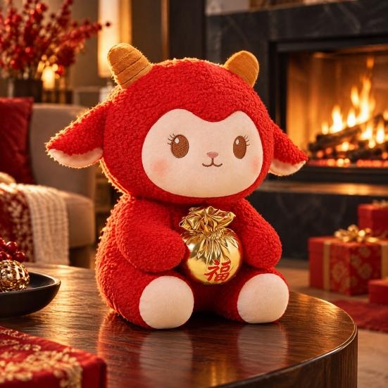 Lunar New Year Decoration Lucky Bag Sheep Plush Toy, Chinese Zodiac Festive Holiday Ornament Lamb Doll, Red Fluffy Mascot for Spring Festival,