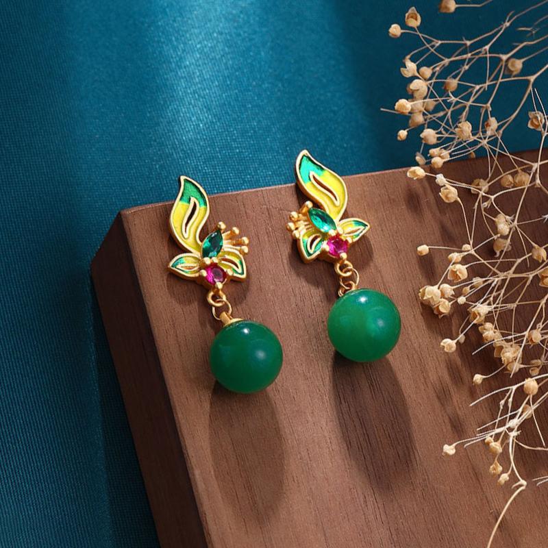 Chinese Style Classical And Simple Natural Jasper Round Bead  Earrings For Women  Enamel Crystal Flower Ear Studs Jewelry