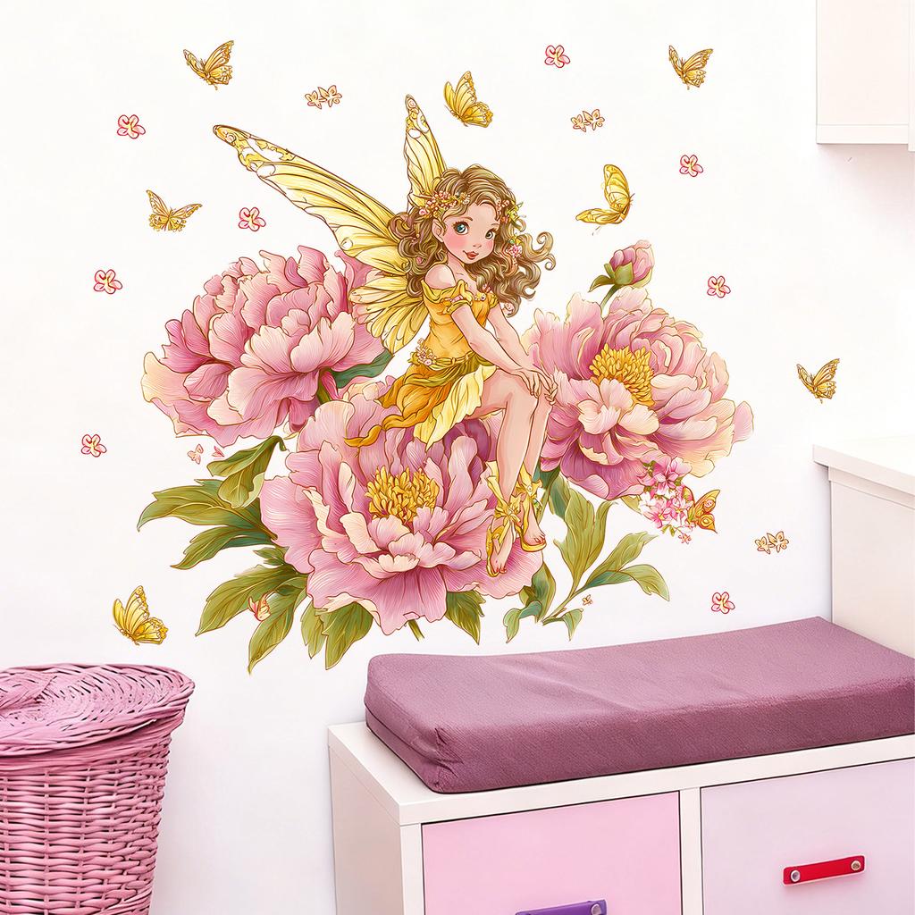 Creative Cartoon Hand Painted Flower Fairy with Butterflies Wall Sticker Self-Adhesive Removable for Kids Room Home Decor