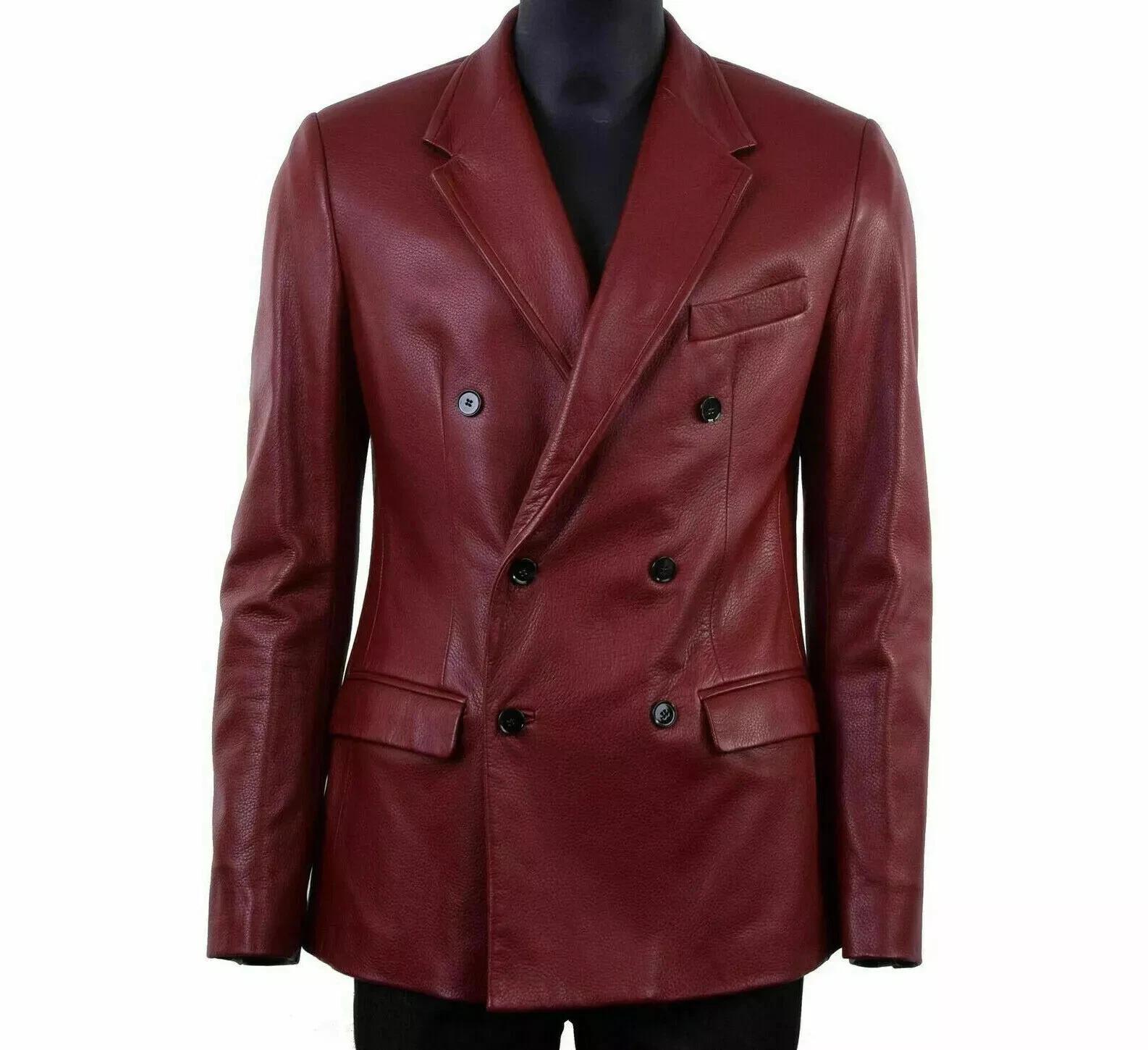 

Leather Blazer Soft Double Breasted Button Stylish Coat Maroon Men s Genuine Lambskin 3XL