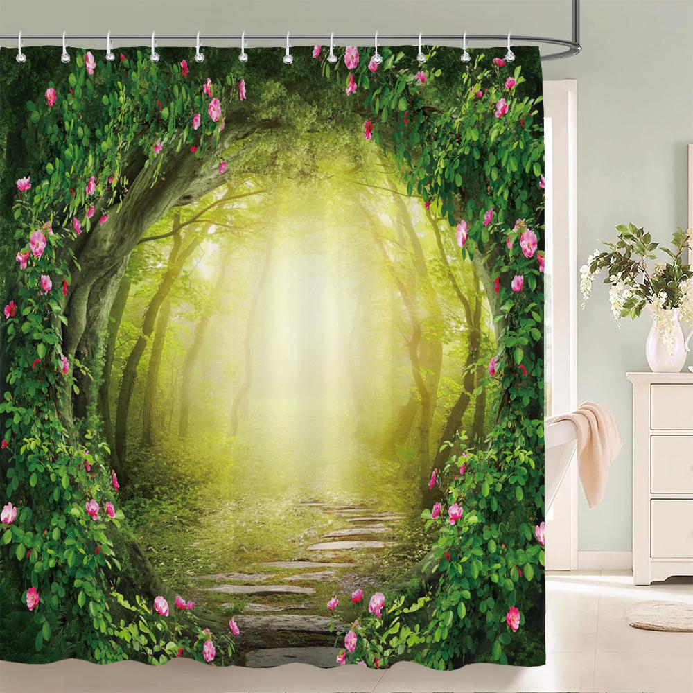 3D Fantasy Waldlandschaft bedruckter Duschvorhang wasserdichter Polyester-Badevorhang Badezimmerdekoration mit Haken Vorhang