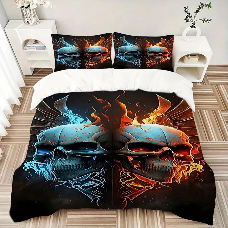 3pcs Anime Skulls Flames Wings Comforter Set with One Quilt Cover and Two Pillowcases (No Core) - Home Decor, Festival Gift, Polyester Fabric, Bedroom