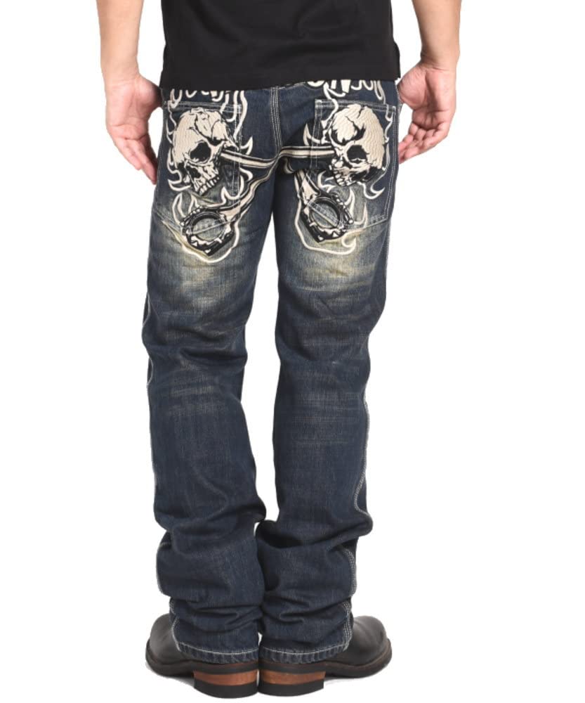 

Vanson Jeans, Cross Piston Skull, Fully Embroidered, Distressed Denim Pants, SP-B-32 (Size 36, Indigo)