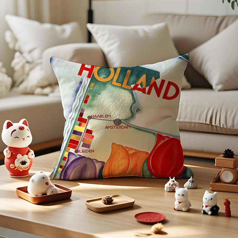 Dutch Windmills & Tulips Cushion Cover Anti-dustmite Pillowcase Invisible Zipper Silky Short Plush Sofa Cushion Cover