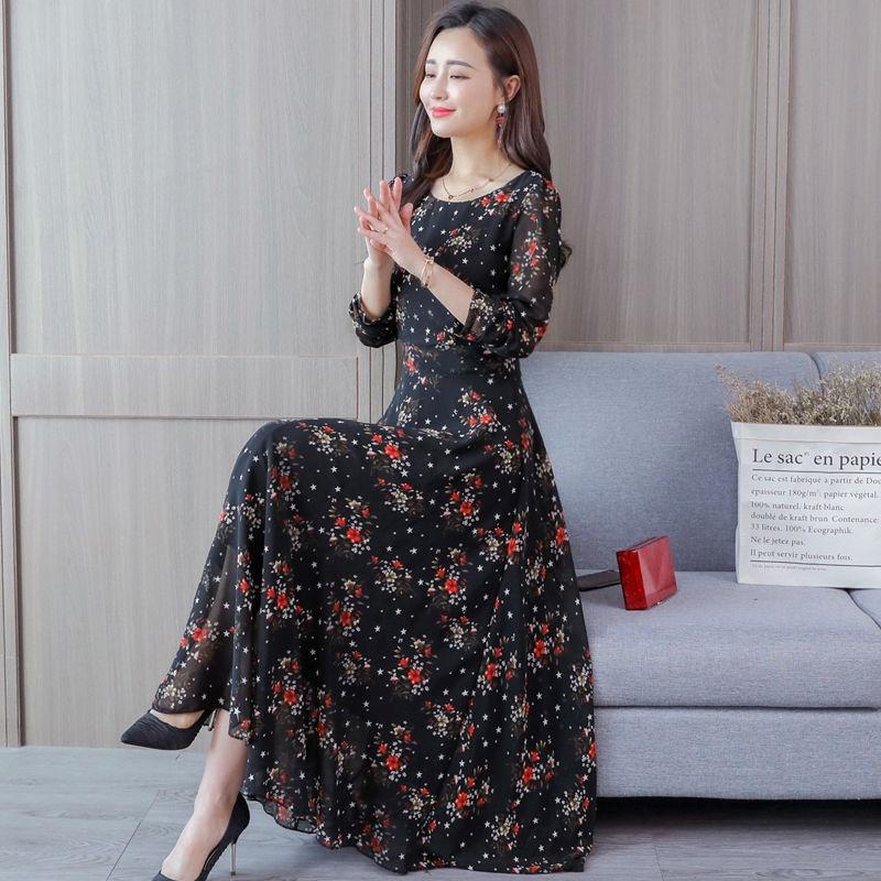 Mid-length Long-sleeved Round Neck Skirt Spring and Summer Printing A Word Elastic Waist Fashion Dre