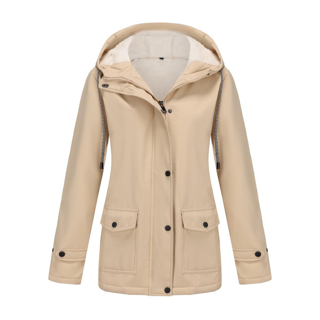 Model Lady Spring and Autumn Hooded Trench Coat Composite Fleece Waterproof Coat, Long-sleeved Zipper Cardigan Jackets
