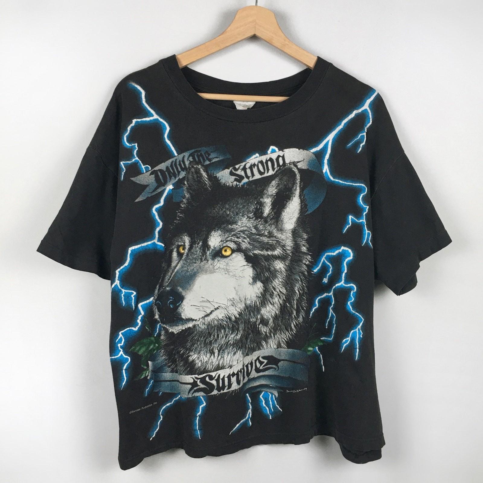 Vintage American Thunder Wolf Only the Strong Survive T Shirt Distressed AOP Tee Unisex T-Shirt S