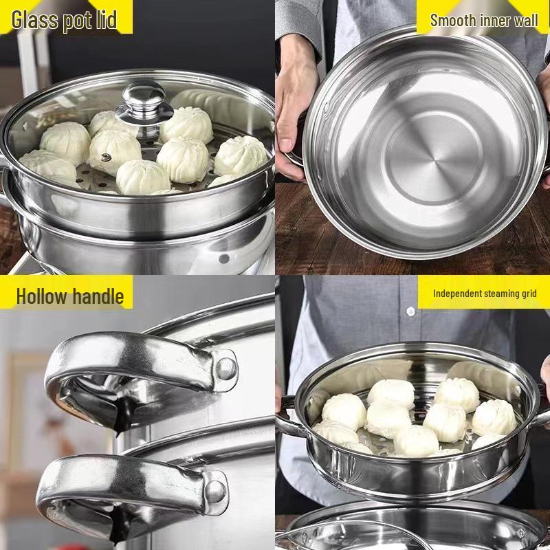 28CM Stainless Steel Multifunctional Steamer & Hot Pot with Double-Layer, Three-Layer & Single-Layer Soup Pot Options