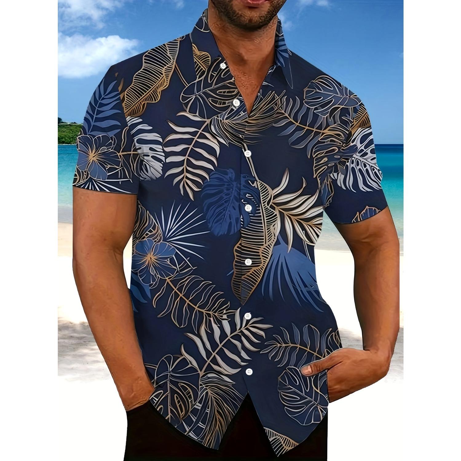 

Мужская рубашка с короткими рукавами и принтом тропических листьев — повседневная летняя 5XL