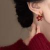 Vintage Red Glazed Flower Hoop Earrings for Women Girls 2024 New Trendy Design Petal Temperament Earrings Zircon