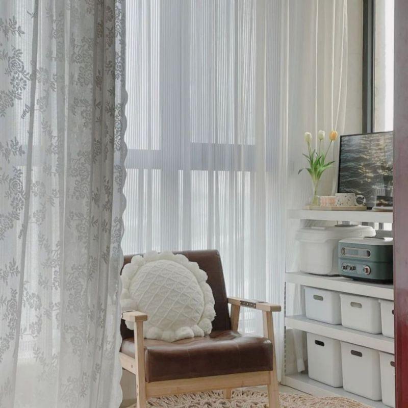2pcs White Lace Mesh Curtain Embroidered Translucent Gauze Curtain Rod-pocket/Velcro
