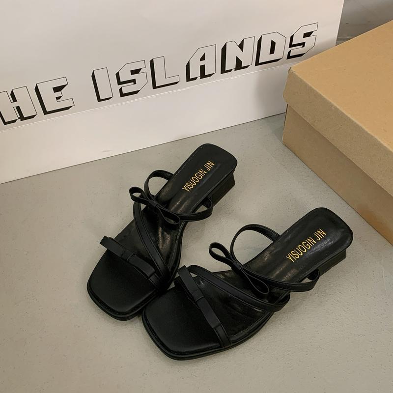 

Korean Style High-End Women s Slippers Summer New Butterfly Knot Versatile Thick Heel Square Head Open Toe High Heels Sandals 40 чёрный