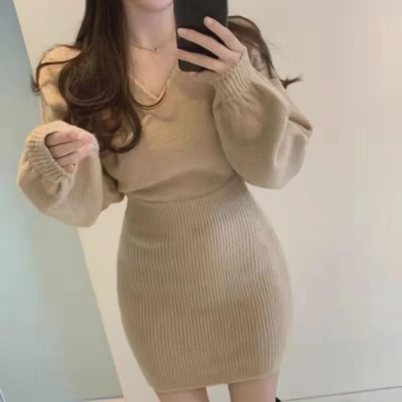 Korean Chic V-Neck Knitted Sweater Dress: Sexy Cross-Detail Hip Skirt for Spring & Autumn