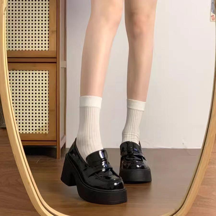 Summer 2025 new retro British style black French loafers heightened thick heel high heel platform small leather shoes women