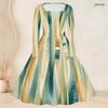 Plus Size Women Square Neck Long Sleeve Printed Navy Blue A Line Dress With Belt