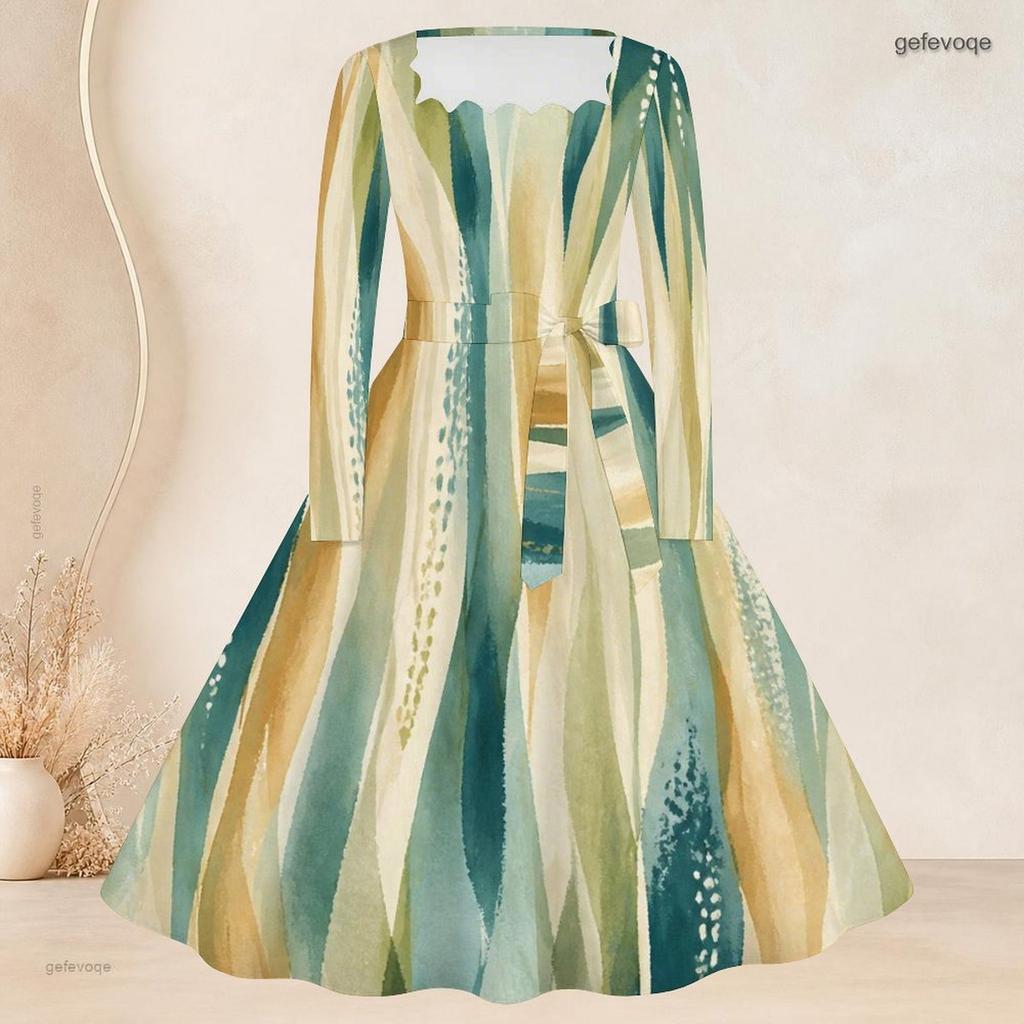 Plus Size Women Square Neck Long Sleeve Printed Navy Blue A Line Dress With Belt