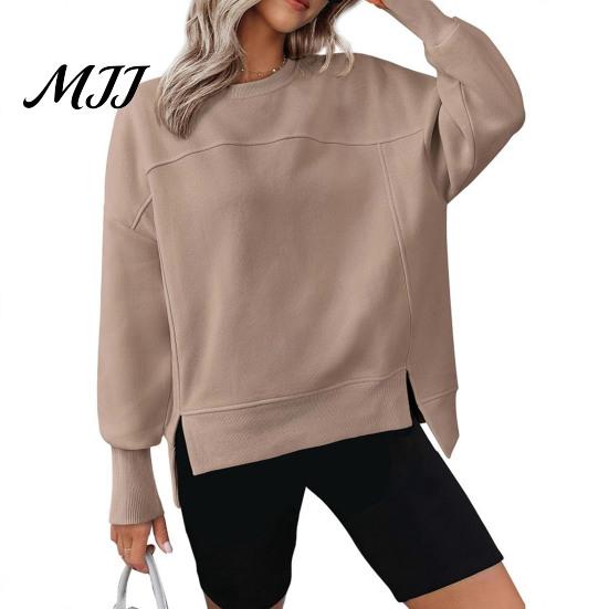 Polyester Women Tops Crew Neck Sweatshirt, Drop Shoulder Long Sleeve Pullover, Loose Soft Sweaters Fit Casual Fall Winter Top with Side Slit Pullovers