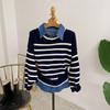 Honey J Women Denim Shirt Layered Color Block Stripe Knit 2 Colors