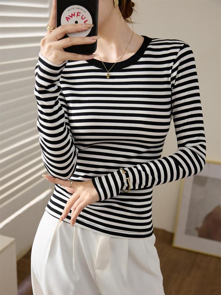 Women's Slim Fit Black & White Striped Long Sleeve Cotton T-shirt - Autumn/Winter 2025