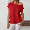 Women Tops Short Sleeve Screw Collar Solid Color T-Shirt Spring Summer Stretchy Pullover Tops Daily Wear