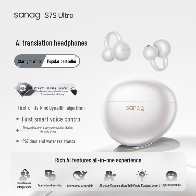 Sanag S7S Bluetooth Ear Clip Earphones with AI Translation and Air Conduction for 2025 Sports - Open, Not In-Ear Design
