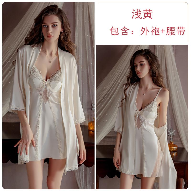 

Pure Silky Satin Pajamas Deep V Seduction Plus Chest Pad Sexy Lace Pajamas Robe Loungewear free size