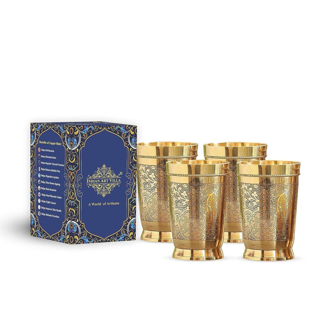 Pure Brass Glass Tumbler with Embossed Design, for Drinking Serving Water, Yoga & Ayurveda, Volume-300 ML, Set of 4