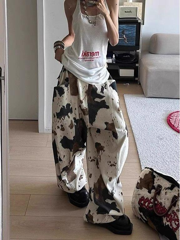 Trendy Women's Retro Cow Print Wide-Leg Jeans - New Style Relaxed Fit