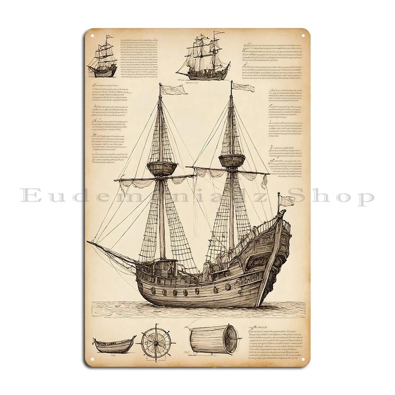 Age of sails french vintage sailing ships Boat project  Leonardo da Vinci drawing Metal Design Vintage Cinema Tin Sign Poster