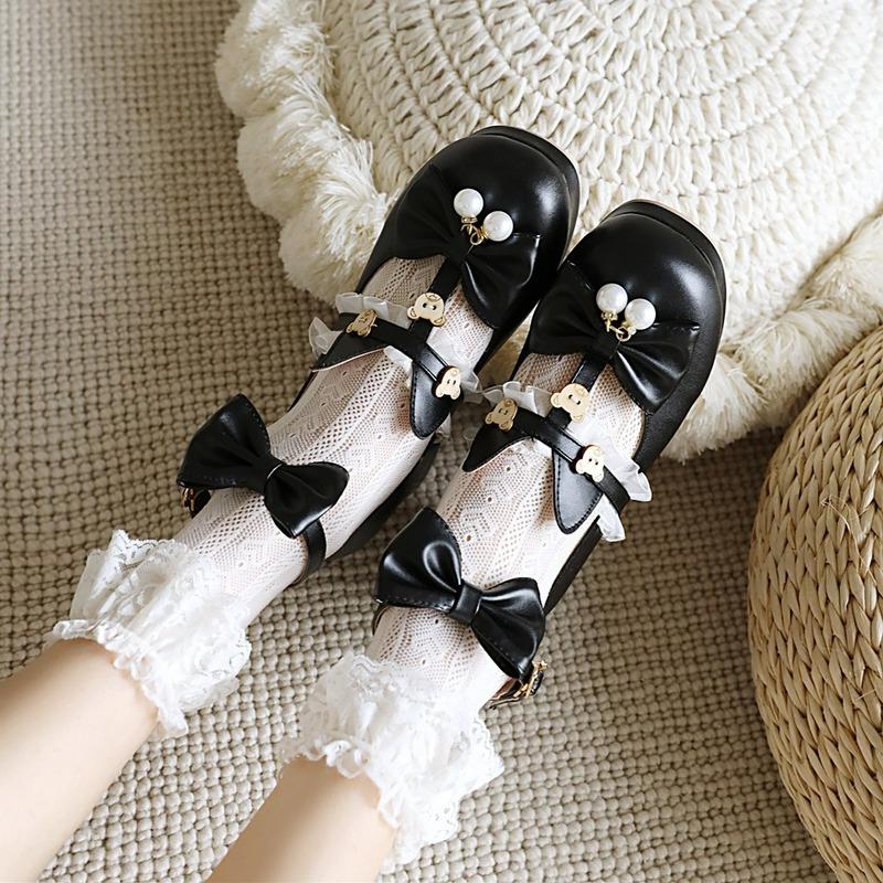 Plus Size Shoes Lace Women Bow Buckle Cute Lolita Girls Shoes Cartoon Bear Pearl Mary Jane Shoes
