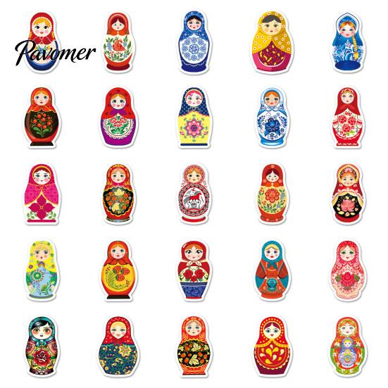 Adhesive Decorative Decals 50Pcs Russian Matryoshka Doll Stickers, Cartoon Nesting Theme Decal, Packs Sticker for Water Bottles Phone Scrapbook Guitar