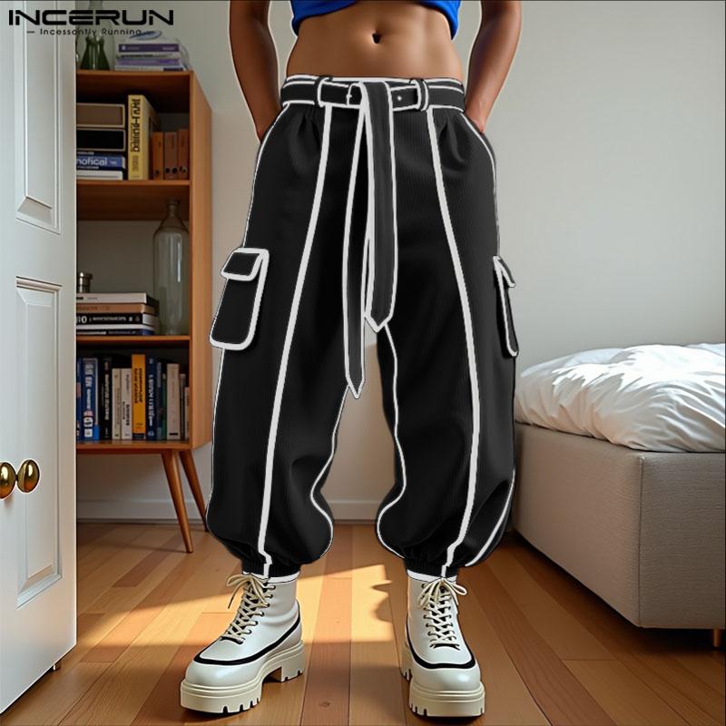 INCERUN Men Elastic Waist Hit Color Belt Casual Thin Harem Pants with Pockets