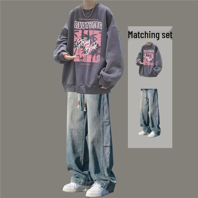 Boys' Trendy Loose Round Neck Sweatshirt & Jeans Set - Cool Casual Two-Piece Outfit for Spring & Autumn