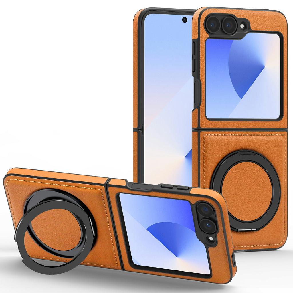 For Samsung Galaxy Z Flip7 FE 5G/Z Flip6 5G Case with Ring Kickstand Magnetic Case PU Leather Back Cover