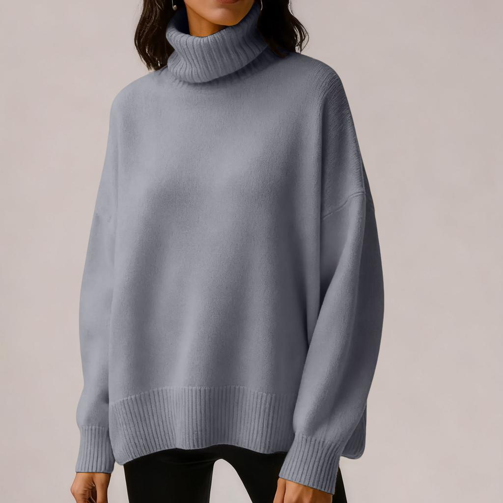 Women's Solid Color High Neck Pullover, Solid Color Loose Knit Sweater