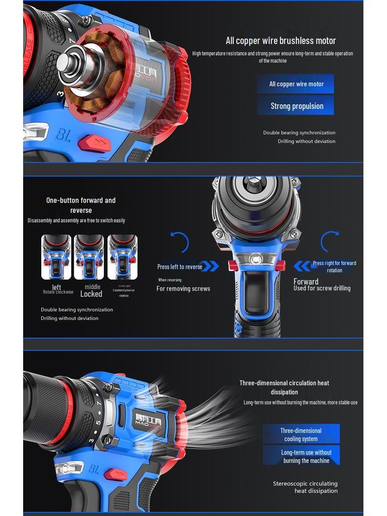 Compact Rechargeable Brushless Motor Drill: Multi-Function Impact Tool for Home Use