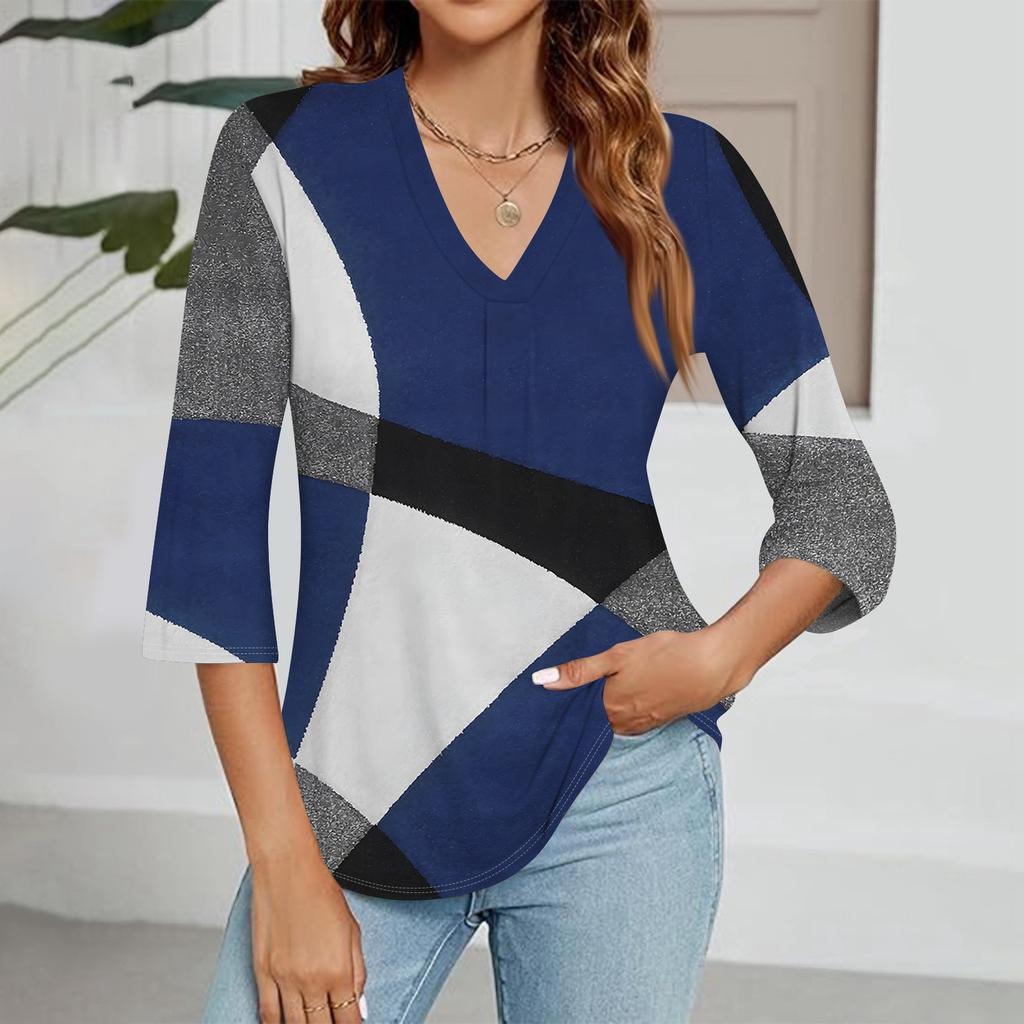 Modisches Oberteil mit V-Ausschnitt, Farbverlauf-Print und Dreiviertelärmeln für Damen