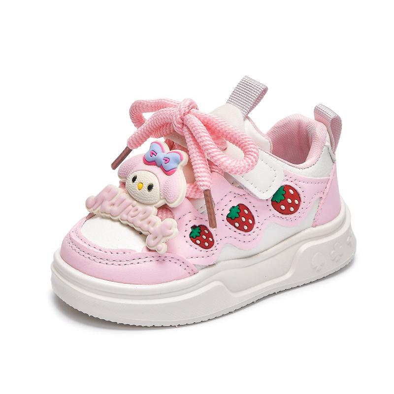 

Spring new sports shoes with leather surface, cute strawberry cartoon design, non-slip, ultra-soft girls sneakers, princess shoes 23Inner Length14.5cm розовый